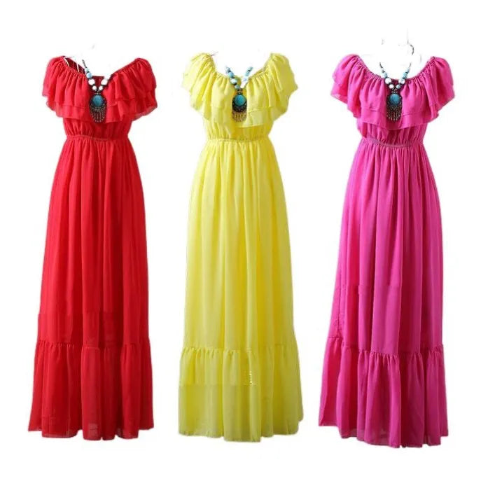 2023 slash neck ruffles bohemian chiffon full dress,girl long dress vestido de festa,Summer women dresses